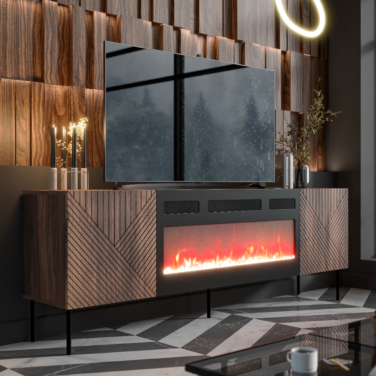 TV cabinet ART DECO 190 with electric fireplace warmia walnut