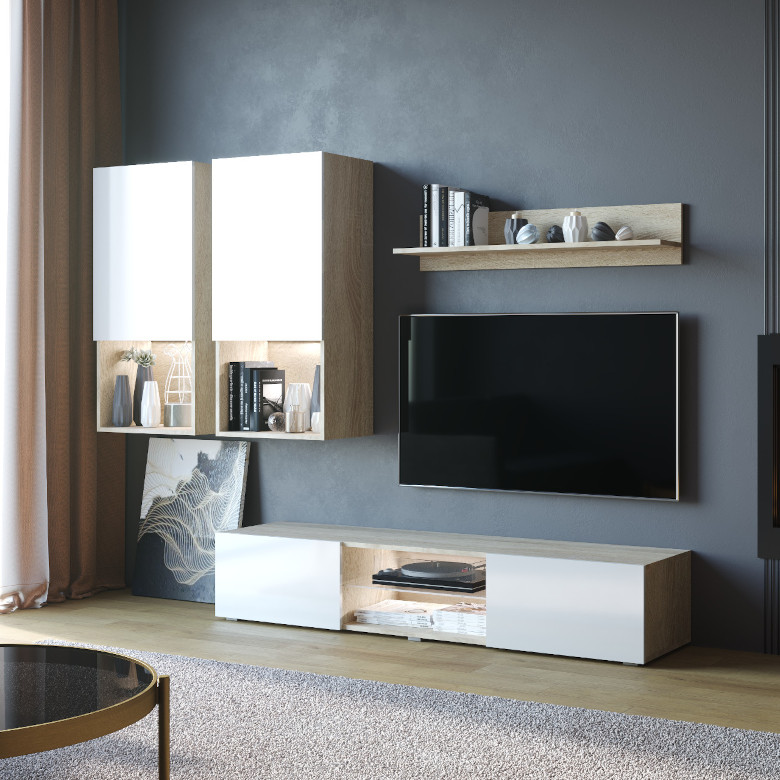 Deco wall unit Sonoma oak white gloss